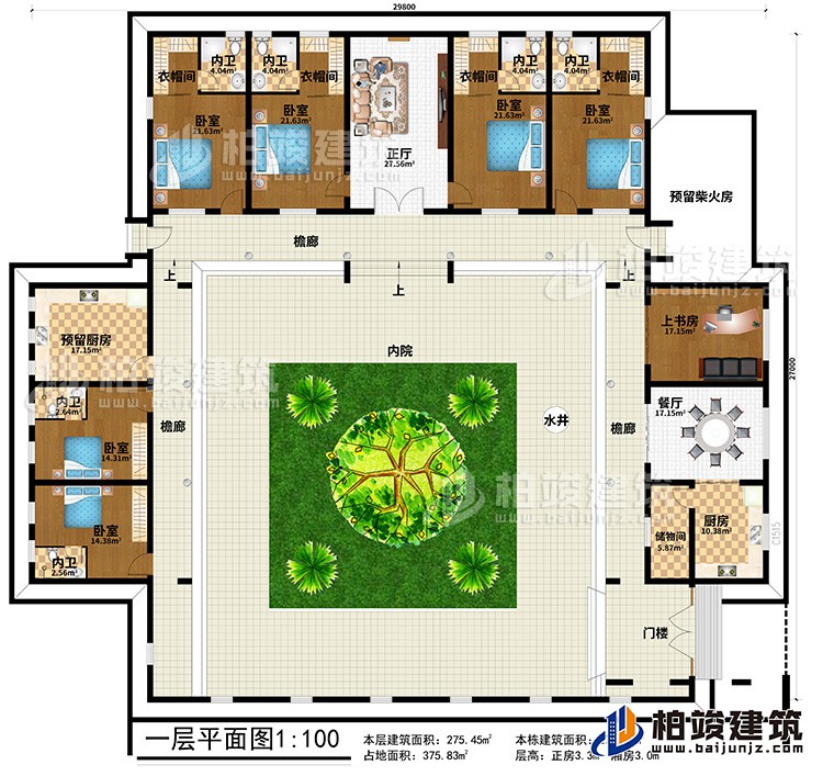 一层：门楼、3檐廊、水井、内院、储物间、厨房、餐厅、上书房、预留柴火房、6卧室、4衣帽间、6内卫